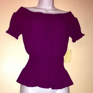 Purple off the shoulder top and corset detail
